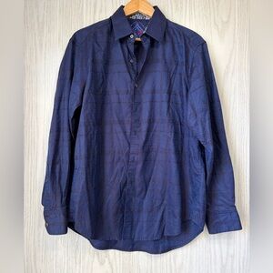 Robert Graham Long Sleeve Button Front Shirt Navy Tonal Logo Pattern Size L